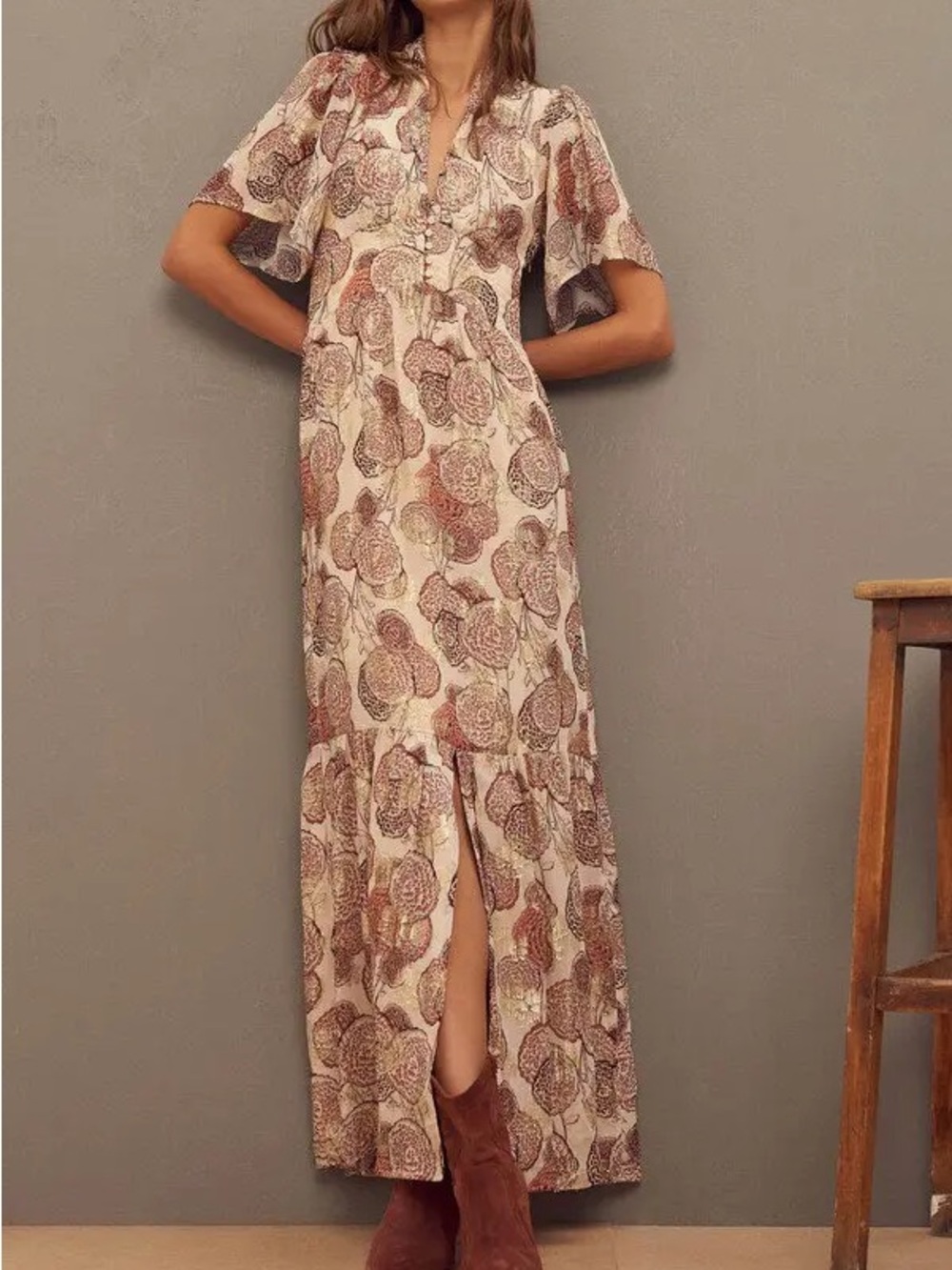 ba&sh Hide Floral Maxi Dress Metallic Effect Fit & Flare Long Flowy Pink Size XS